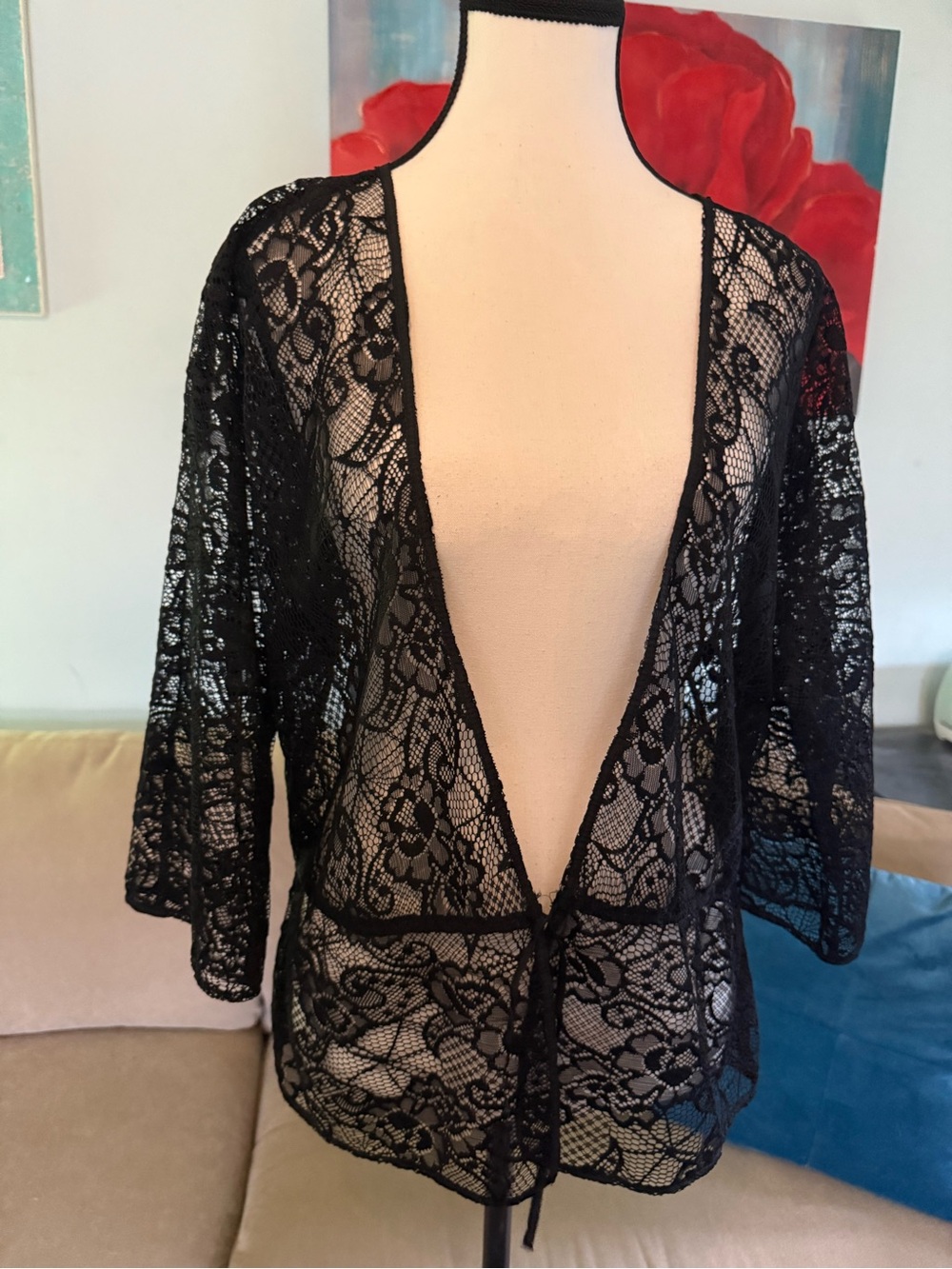 Cardigan Size large l Blouse Shirt Top lace Black tie front